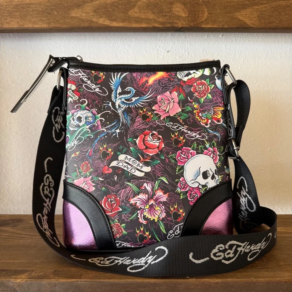 Ed Hardy Skull Roses‎ Tattoo Crossbody Bag Studded Y2K Purse NWT Metallic Pink